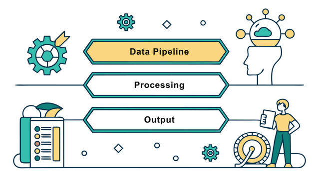 Data Pipeline and Processing Flow: A visual depiction of a data pipeline showcasing the transformation of data from input to output, with clear emphasis on processing.