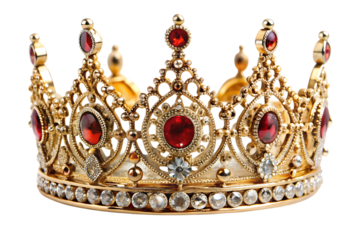 Gold crown with red gems and clear stones on white isolated on a transparent background