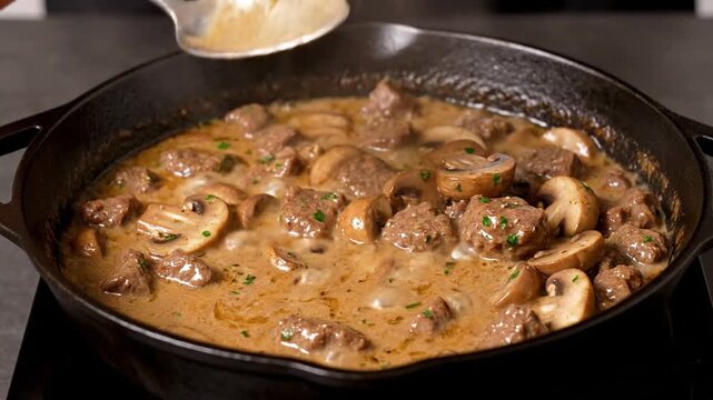 A close-up view of a hand stirring a rich, creamy beef stroganoff with mushrooms in a cast iron skillet, set against a dark kitchen background, showcasing culinary preparation