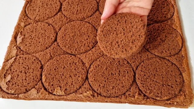 Hand picking a round piece of cocoa sponge cake from a flat chocolate cake sheet
