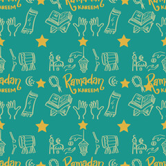 Ramadan Kareem seamless pattern. Hand drawn doodle ramadan symbols. Vector illustration.