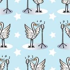 Seamless pattern with swan and microphone. Vector illustration
