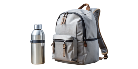 Gray backpack and silver metal water bottle on white background isolated on a transparent background