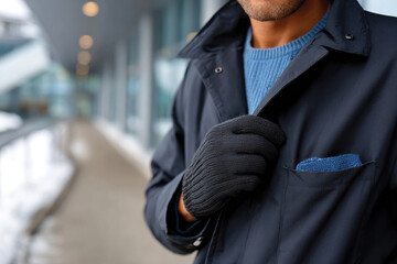 A fashionable man adjusts his jacket on a chilly day, showcasing his gloves and pocket square against a modern architectural backdrop of glass and steel.