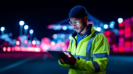 A focused worker in a neon-lit industrial environment using a tablet to oversee operations and communicate essential information efficiently at night