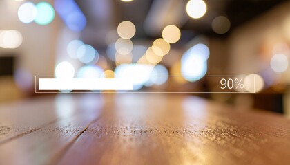 Abstract View of Online Course Progress Bar. Educational / eLearning & Up-skilling. A stylized, progress bar interface on a bright screen, showing 90% completion, with soft background bokeh.
