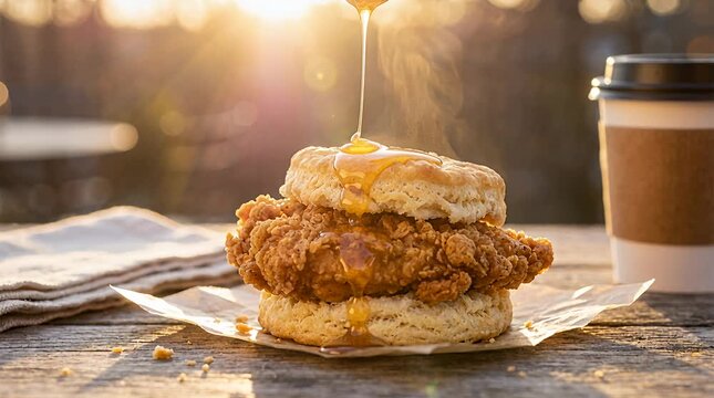 Crispy chicken biscuit sandwich drizzled with honey and served with a hot coffee beverage chicken biscuit.
