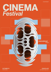 Cinema and film festival international event poster template with retro film reel on orange background