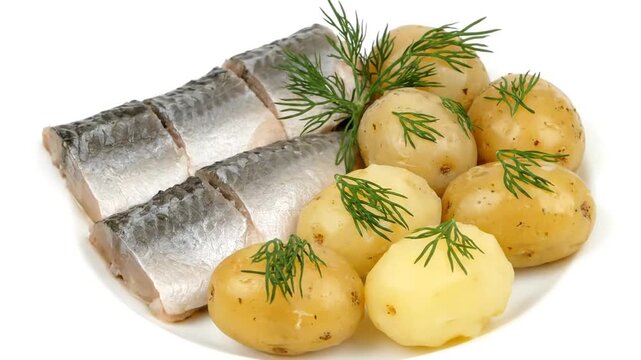 A plate featuring freshly cooked fish fillets alongside boiled potatoes garnished with dill, showcasing a simple yet appetizing meal, ideal for home cooking or culinary presentations
