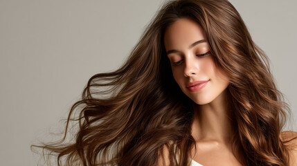 Naklejka premium Modern haircare beauty portrait with flowing healthy hair in motion. 
