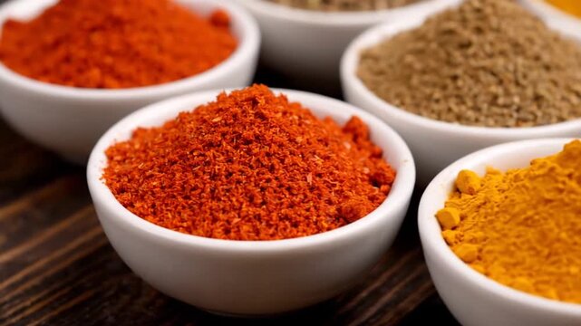 A vibrant arrangement of assorted spices in small white bowls, showcasing rich colors and textures, set against a rustic wooden background, ideal for culinary presentations or cooking blogs