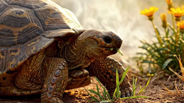 African spurred tortoise eating grass in golden sunset light