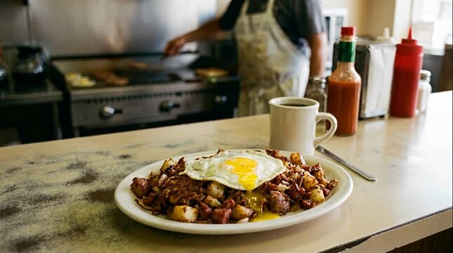 Hearty diner breakfast corned beef hash and fried egg plate with coffee and condiments for eating, hot sauce.