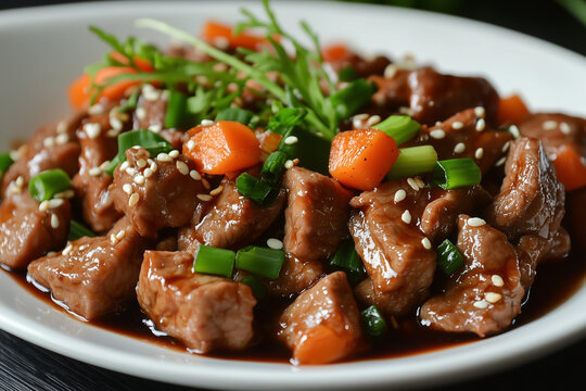 Delicious meat stew with vegetables, herbs and sauce. Close-up photo of stewed pieces of meat in a plate, in a restaurant.