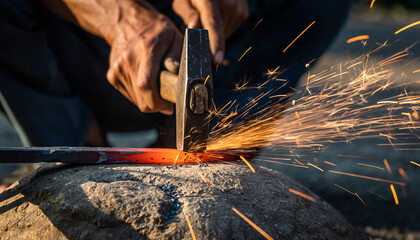 Blacksmith hammering hot metal on anvil with sparks flying everywhere
