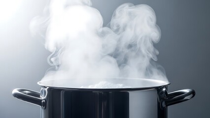 A large pot of boiling water with steam rising from it