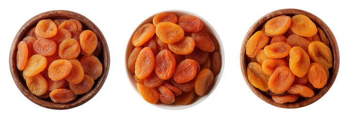 Three bowls of dried apricots isolated on a transparent background