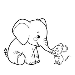 Obraz premium Cute baby elephant and mouse touching trunks, line art