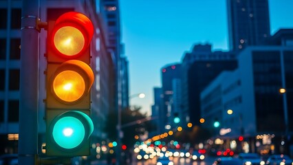 A traffic light stands tall on a city street at dusk with a blurred background of buildings and moving cars.