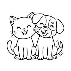Fototapeta premium Cute cartoon cat and dog friends, line art illustration
