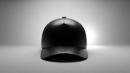 A black baseball cap sits alone on a plain gray background with a spotlight shining on it