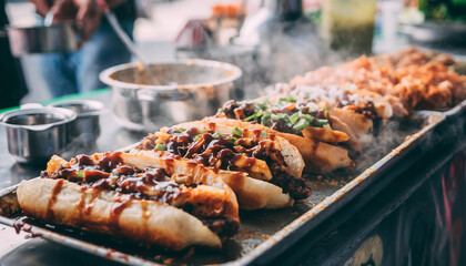 Delicious street food tacos being prepared on a grill