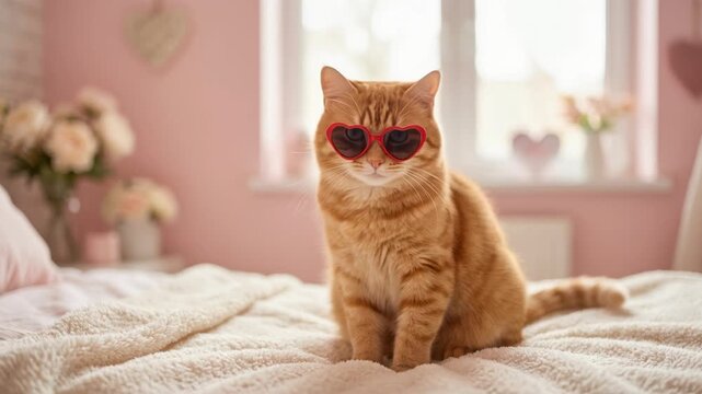 ginger cat sitting indoors wearing red heart shaped glasses shaking its head