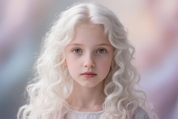 A captivating portrait featuring a young girl with striking curly white hair and a dreamy background.