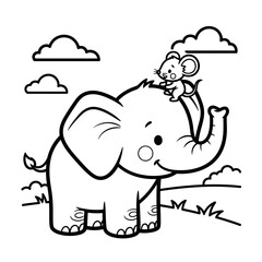 Cute elephant with mouse on head, outline drawing, simple cartoon style, isolated on white background