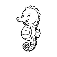 Fototapeta premium Happy cartoon seahorse illustration, black and white outline