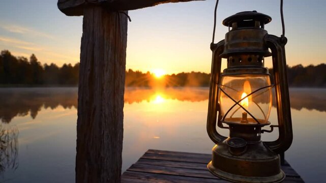Tranquil scene of a kerosene lantern hanging on a wooden dock with the sunrise over a misty lake
