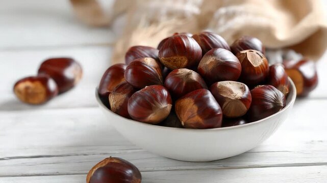 A bowl of chestnuts on wooden table