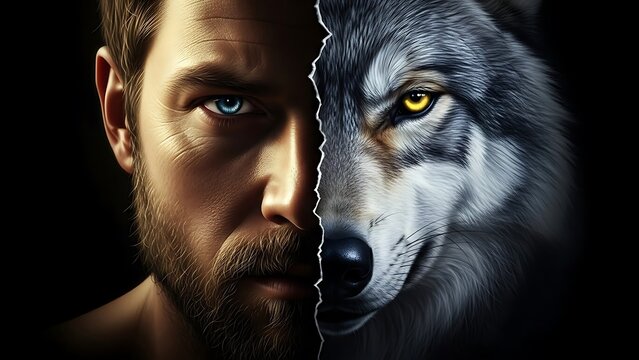A man with a split personality, with a wolf on one side and a human on the other, representing inner conflict and duality.