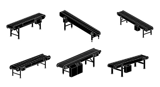 Isolated Black Conveyor Belts on White Background Industrial Systems