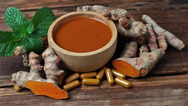 Turmeric drink and raw roots. Turmeric curcuma capsules.