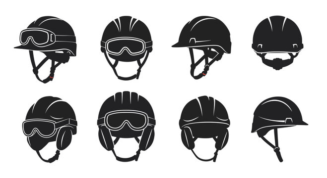 Black Protective Helmets Set Safety Headgear on White Background