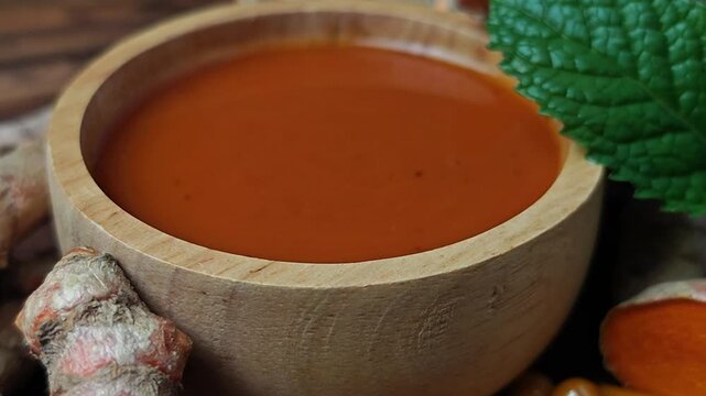 Turmeric drink and raw roots. Turmeric curcuma capsules. Zoom in.