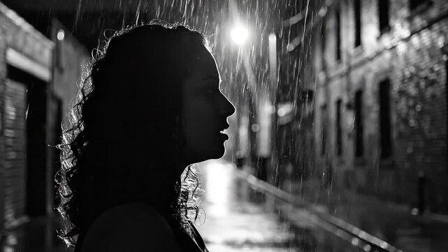 Brave Woman Silhouette Standing in Heavy Rain at Night Urban Alley