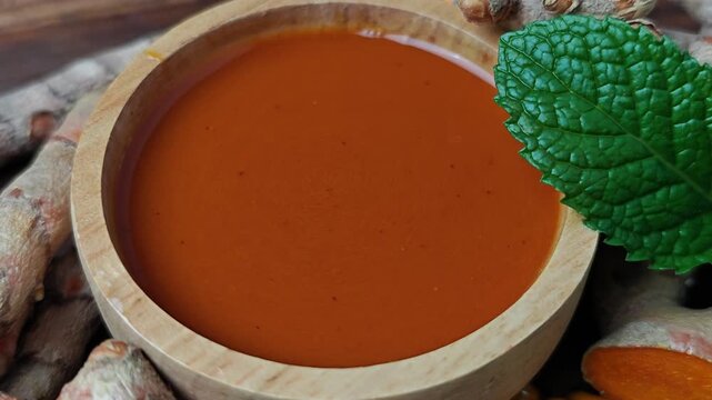 Turmeric drink and raw roots. Turmeric curcuma capsules. Zoom out.