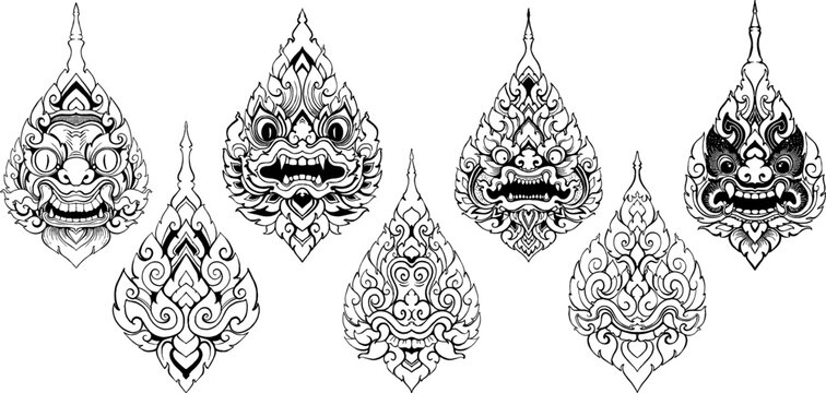 Set of Traditional Thai and Lao style vector ornaments. Hand drawn outline floral and mythical decorative elements for tattoo or design.