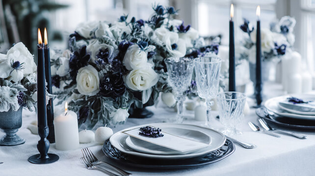 Elegant wedding or dinner table setting in blue and white colors with flowers, candles, crystal glasses, and tableware