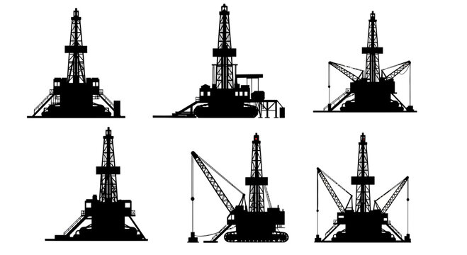 Black Silhouette Oil Rigs on White Background Showing Power and Energy Industry
