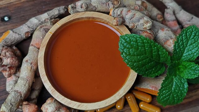 Turmeric drink and raw roots. Turmeric curcuma capsules. 