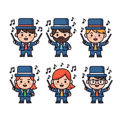 Six cute, diverse cartoon conductors wearing blue suits and top hats energetically waving batons with musical notes on transparent background