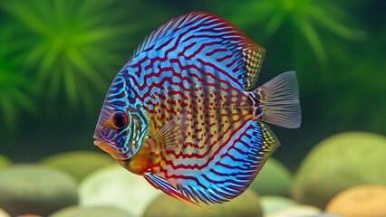 A vibrant and colorful discus fish with intricate blue, red, and orange patterns swimming gracefully in a freshwater aquarium.