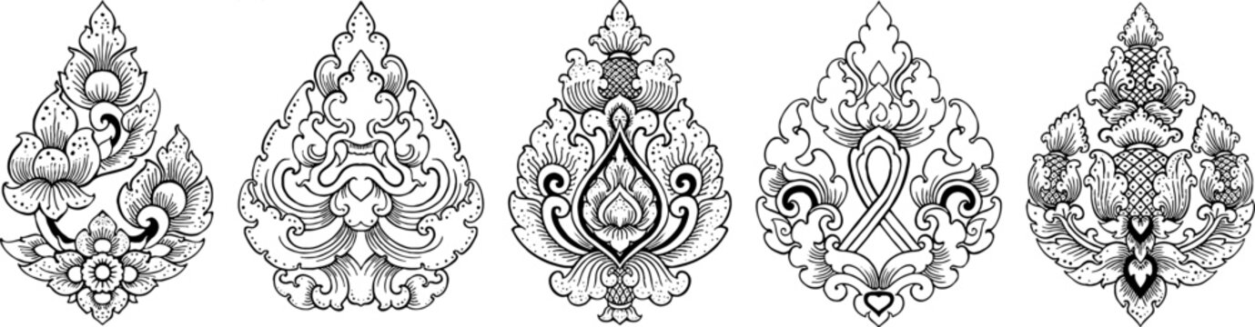 Set of Traditional Thai and Lao style vector ornaments. Hand drawn outline floral and mythical decorative elements for tattoo or design.