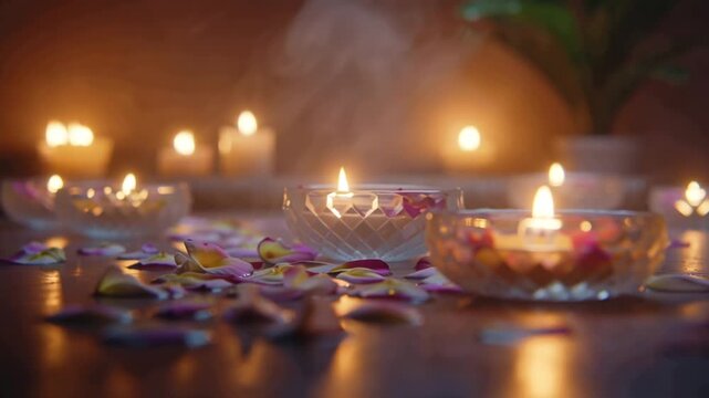 4K cinematic spa scene, tranquil serene atmosphere, warm golden candlelight flickering aromatic steam rising crystal bowls, floating flower petals on water, slow-motion gentle steam curls, Ambien