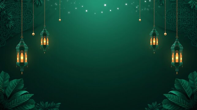 Elegant Ramadan background with glowing lanterns and emerald green foliage