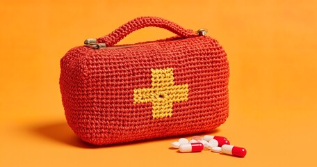 Crocheted First Aid Kit with Medications on Orange Background
