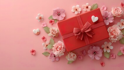 Gift box surrounded by colorful flowers on pink background